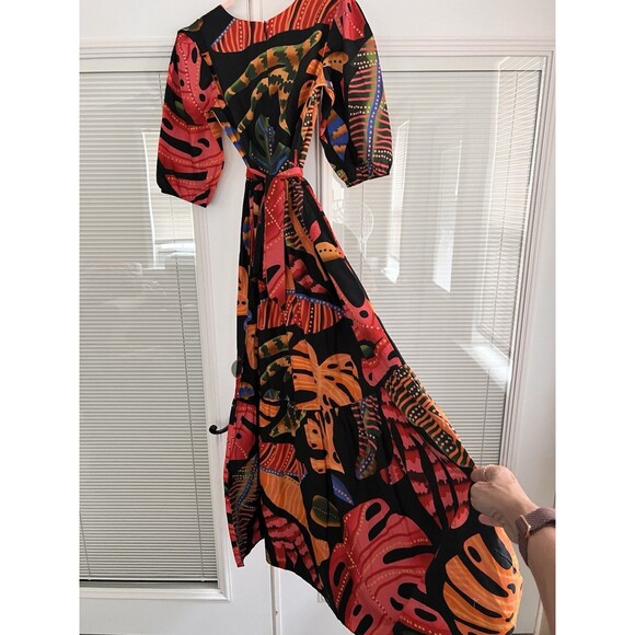 Maude Vivante Dress Size M Multi Color Leaf Pattern Maxi Half Sleeve Wrap Tie - Picture 4 of 9